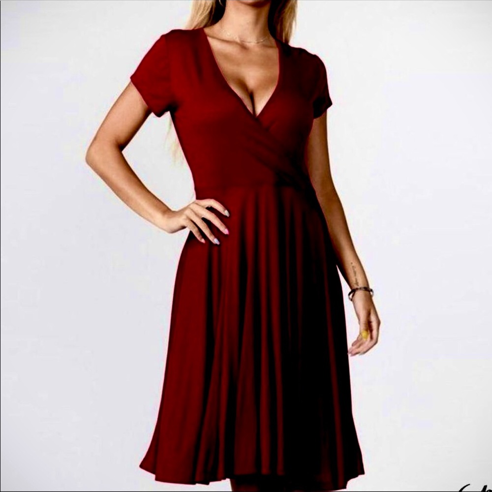 Burgundy V-Neck A-Line Swing Dress Size S/M/L